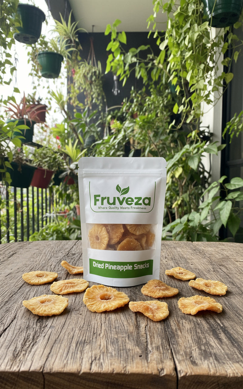 Package of Fruveza dried PINEAPPLE SNACKS  on a textured surface with a GREENARY Balcony on a  table with everywhere dried pineapple snacks BACKGROUND 