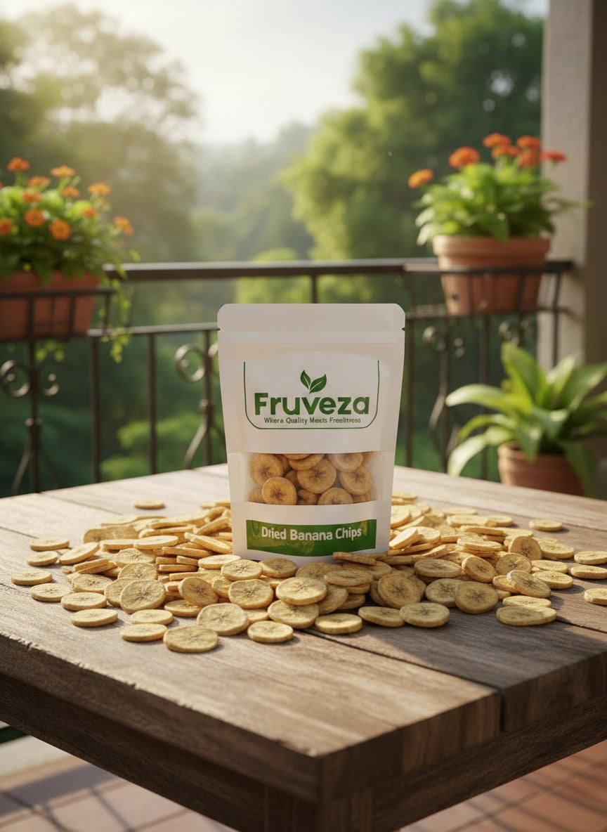 Package of Fruveza dried banana chips on a textured surface with a BNANA CHIPS BEIGE BACKGROUND 