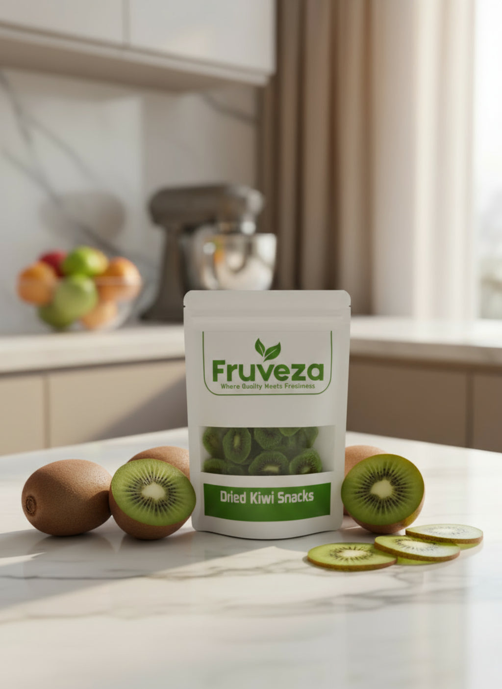 Packaged dried kiwi snacks from Fruveza on a kitchen counter