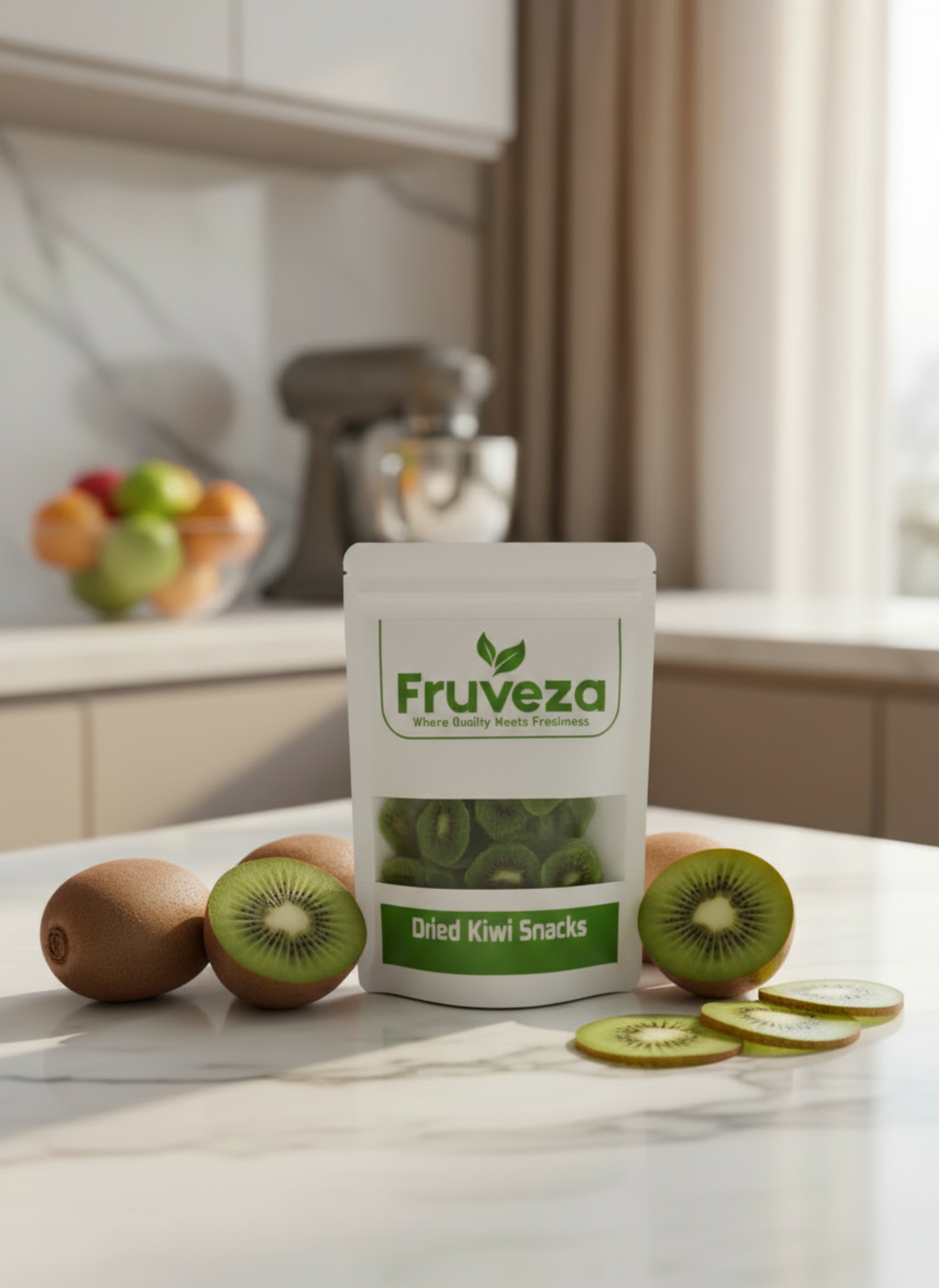 Packaged dried kiwi snacks from Fruveza on a kitchen counter