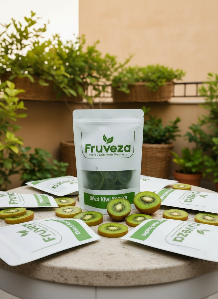 Package of Fruveza driedKIWI SNAKCS on a textured surface with a BNANA CHIPS BEIGE BACKGROUND 