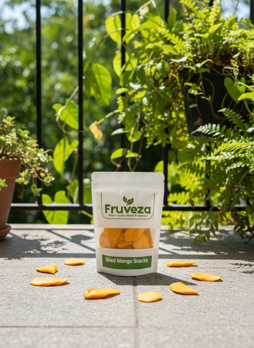 Package of Fruveza dried MANGO SNACKS  EVERYWHERE on a textured surface with a GREEN BALCONY BACKGROUND 