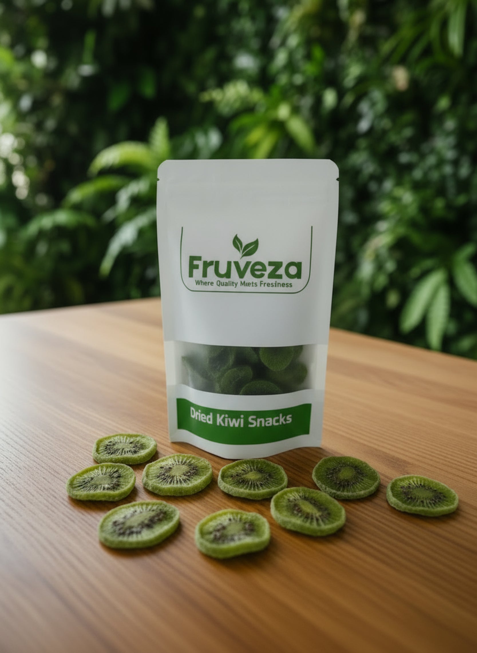 Packaged dried kiwi snacks from Fruveza on a kitchen counter