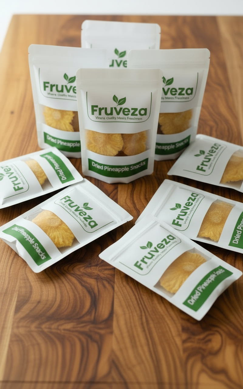 Packaged dried  pineapple snacks  also around it Fruveza on a kitchen counter