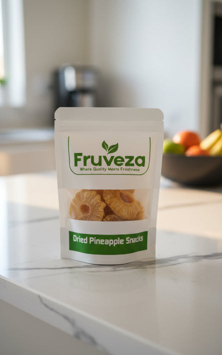 Packaged dried  pineapple snacks  also around it Fruveza on a kitchen counter
